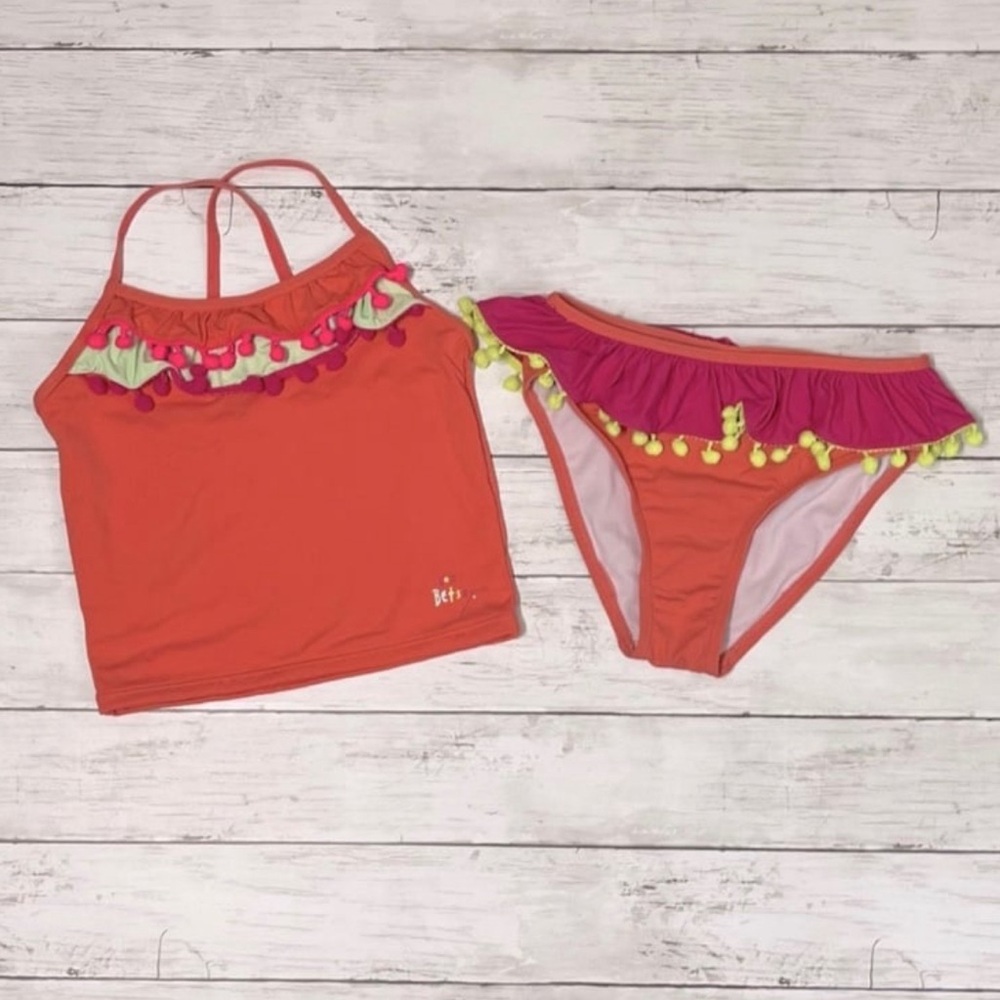 BETSEY JOHNSON Girls 2 Piece Swim Suit Pom Fringe Size 10 PRICE FIRM